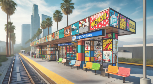 A colorful building with benches and a train track__Description automatically generated with medium confidence Medium